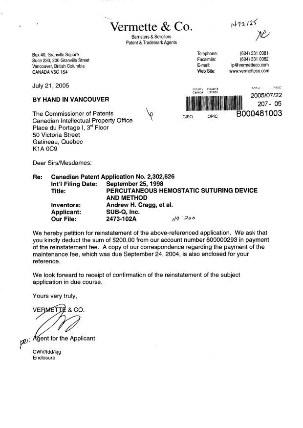 Canadian Patent Document 2302626. Fees 20041222. Image 1 of 2