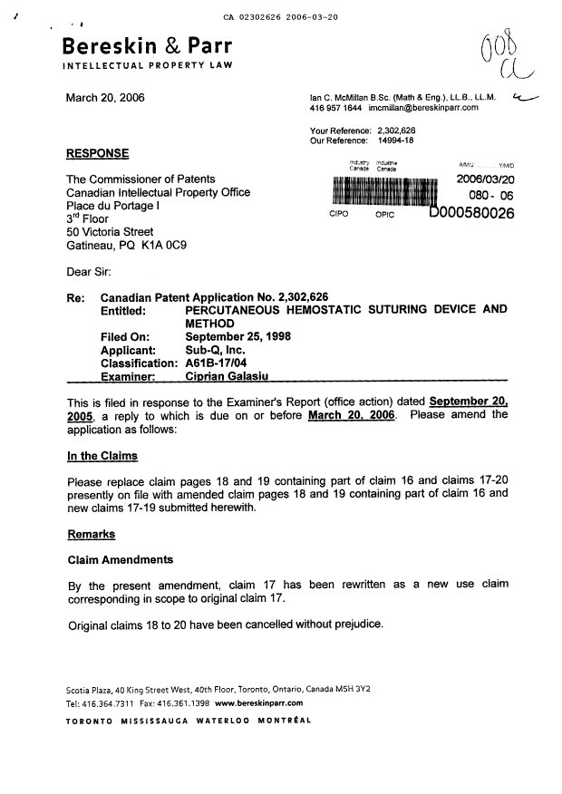 Canadian Patent Document 2302626. Prosecution-Amendment 20051220. Image 1 of 4