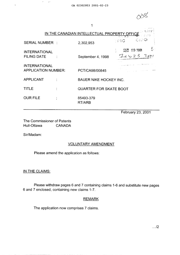 Canadian Patent Document 2302953. Prosecution-Amendment 20001223. Image 1 of 4