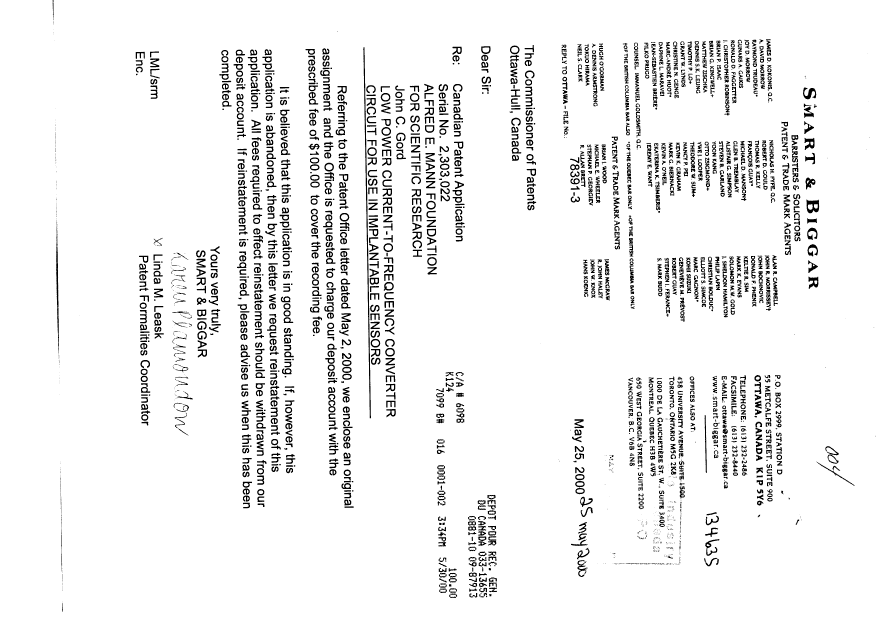 Canadian Patent Document 2303022. Assignment 20000525. Image 1 of 2