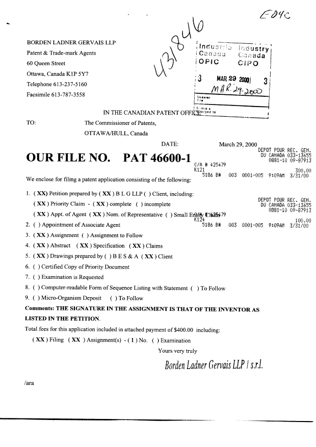 Document de brevet canadien 2303040. Cession 20000329. Image 1 de 6