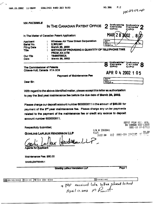 Canadian Patent Document 2303041. Fees 20011204. Image 1 of 7