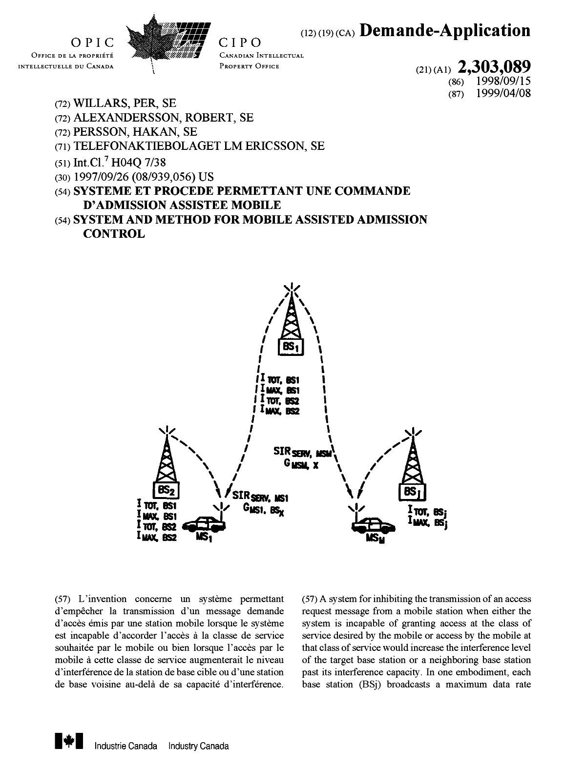 Canadian Patent Document 2303089. Cover Page 20000518. Image 1 of 2