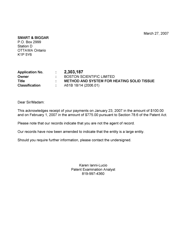 Canadian Patent Document 2303187. Correspondence 20061227. Image 1 of 1