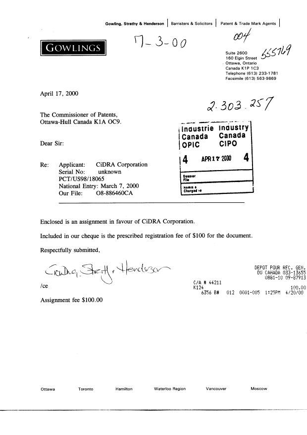 Canadian Patent Document 2303257. Assignment 20000417. Image 1 of 3
