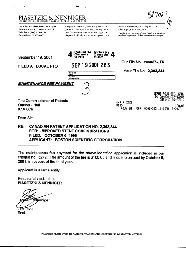 Document de brevet canadien 2303344. Taxes 20010919. Image 1 de 1