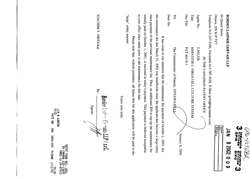 Canadian Patent Document 2303526. Fees 20020108. Image 1 of 1