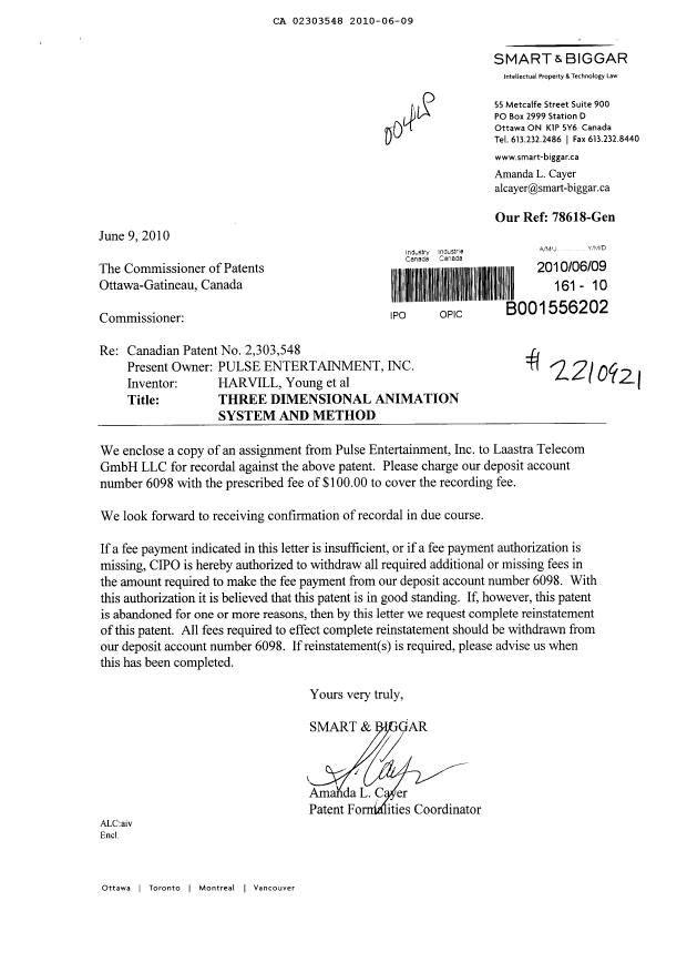 Document de brevet canadien 2303548. Cession 20100609. Image 1 de 6