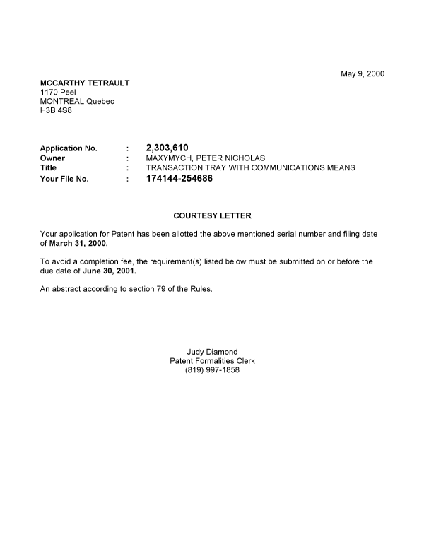 Document de brevet canadien 2303610. Correspondance 20000502. Image 1 de 1