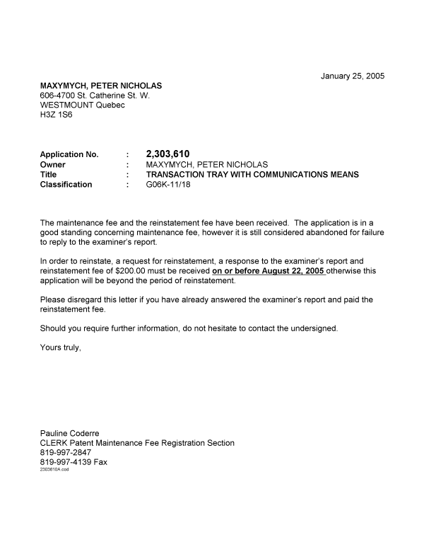Document de brevet canadien 2303610. Correspondance 20050125. Image 1 de 1