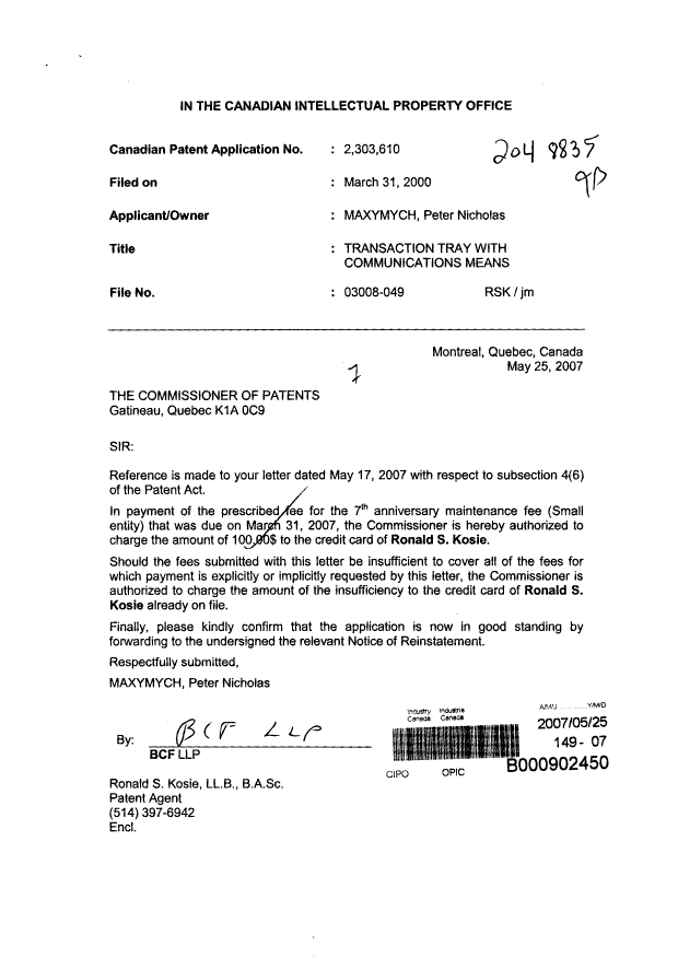 Document de brevet canadien 2303610. Taxes 20070525. Image 1 de 1