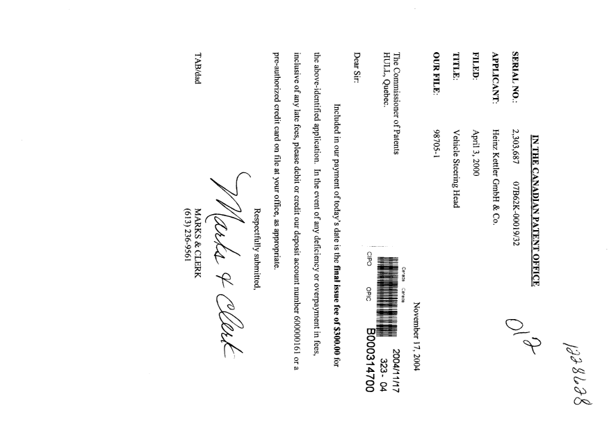 Canadian Patent Document 2303687. Correspondence 20041117. Image 1 of 1