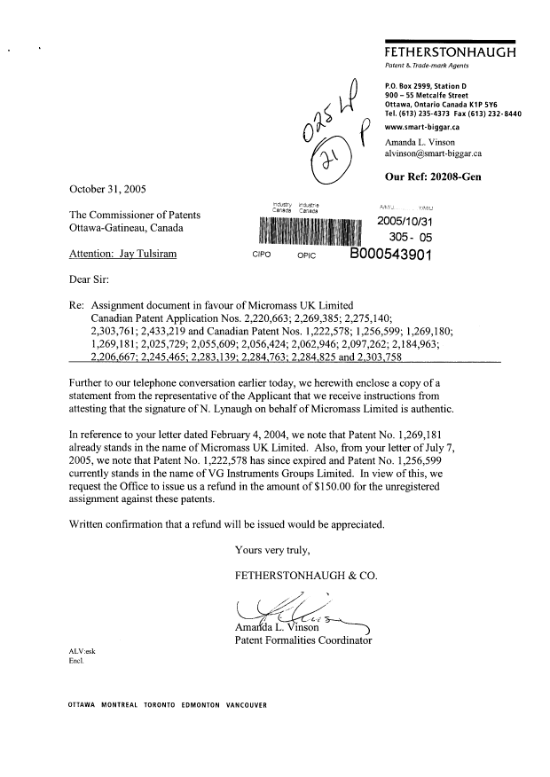 Document de brevet canadien 2303761. Cession 20051031. Image 1 de 2