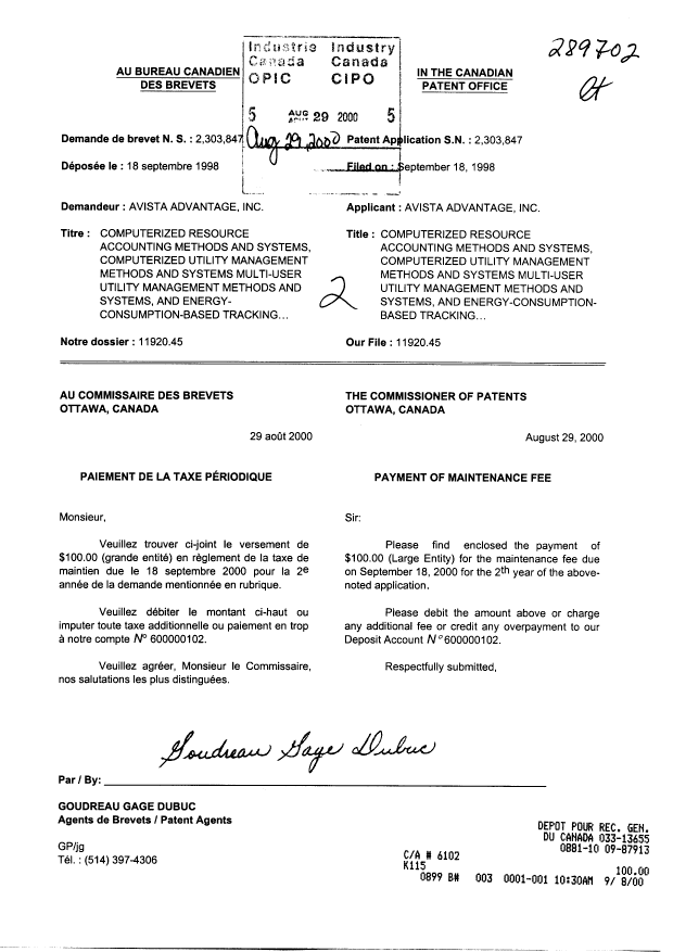 Document de brevet canadien 2303847. Taxes 20000829. Image 1 de 1