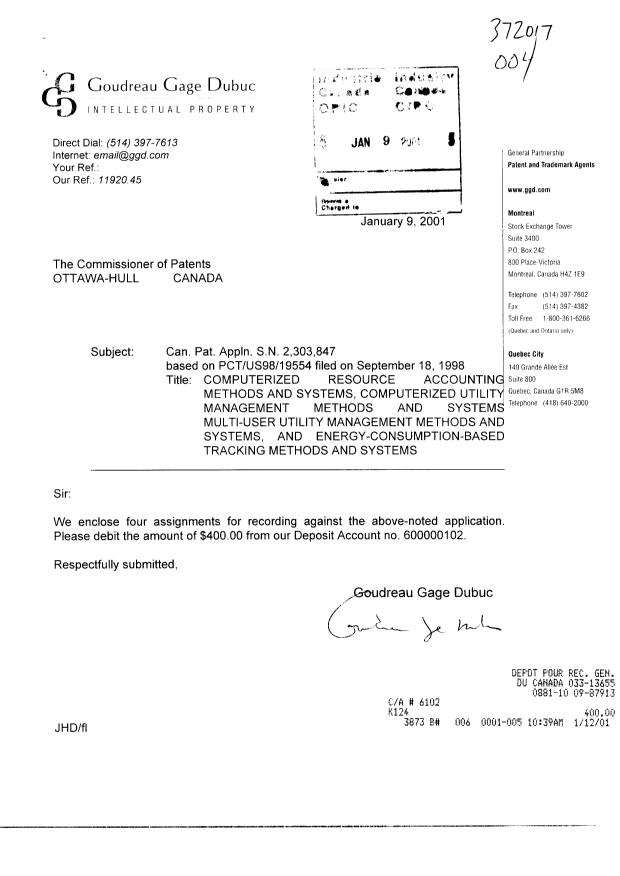 Document de brevet canadien 2303847. Cession 20010109. Image 1 de 34