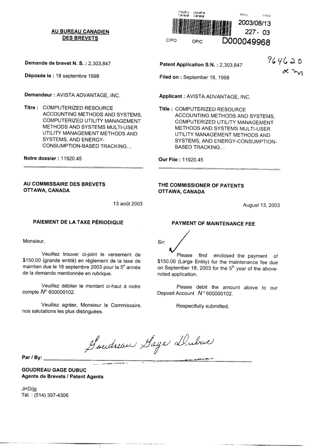 Document de brevet canadien 2303847. Taxes 20030813. Image 1 de 1