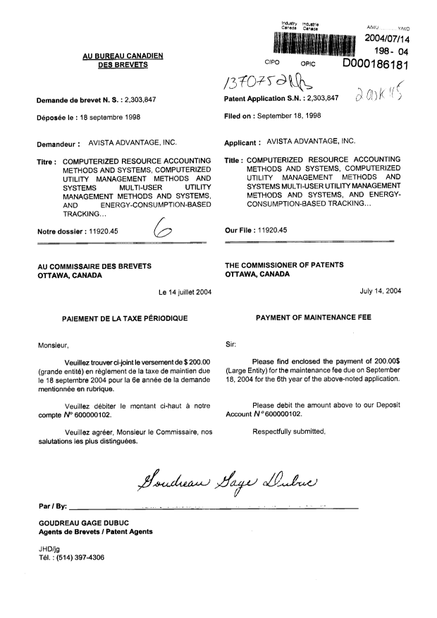 Document de brevet canadien 2303847. Taxes 20040714. Image 1 de 1