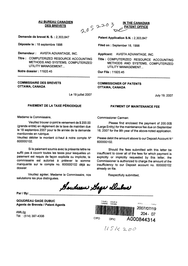 Document de brevet canadien 2303847. Taxes 20070719. Image 1 de 1