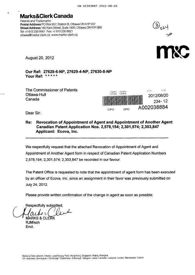 Document de brevet canadien 2303847. Correspondance 20120820. Image 1 de 2