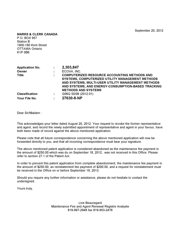 Document de brevet canadien 2303847. Correspondance 20120920. Image 1 de 1