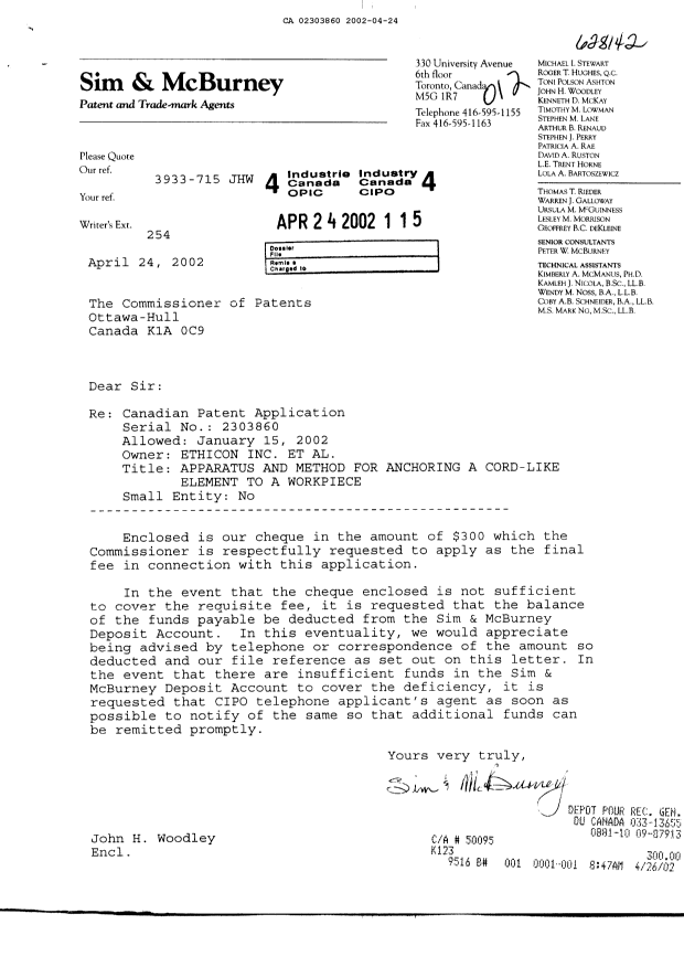 Document de brevet canadien 2303860. Correspondance 20020424. Image 1 de 1