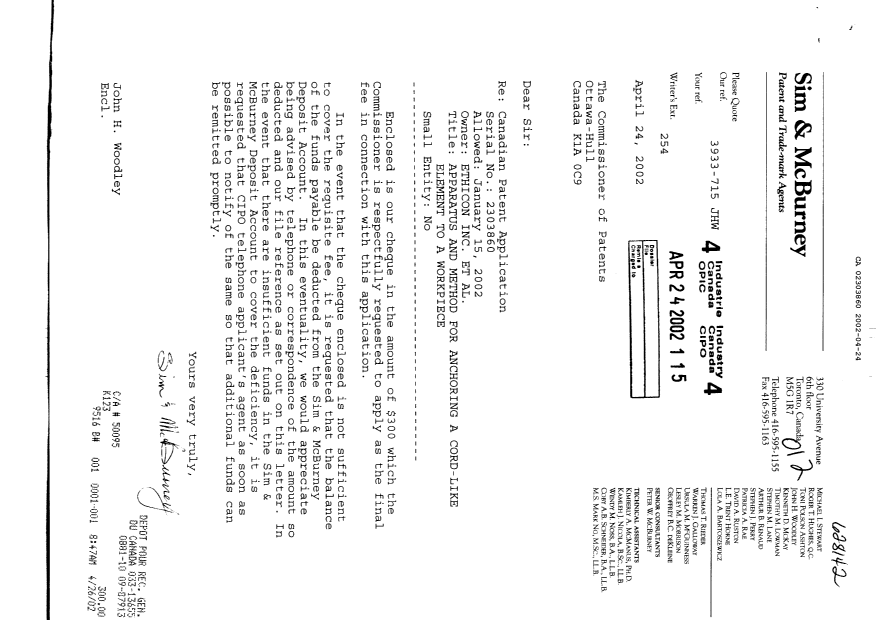 Canadian Patent Document 2303860. Correspondence 20020424. Image 1 of 1