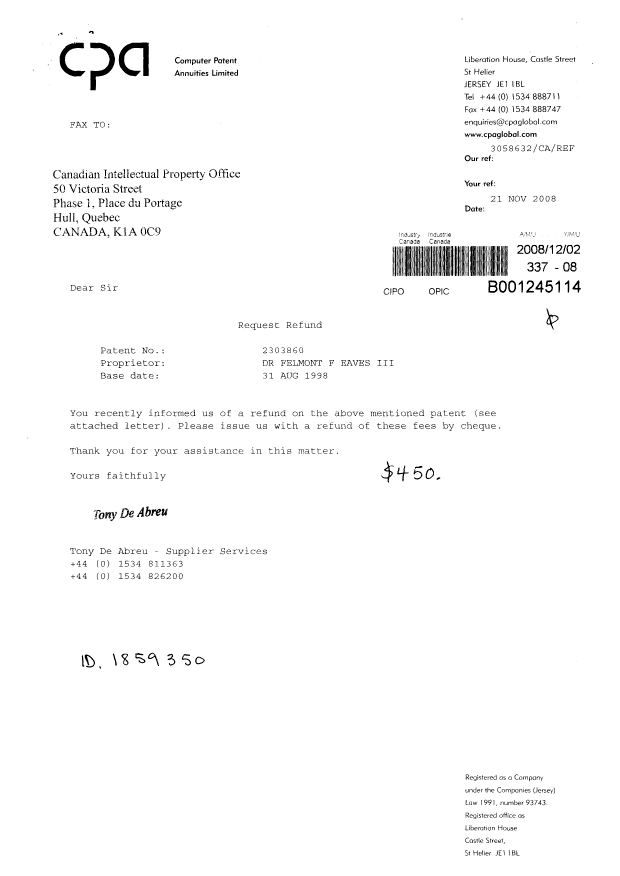 Document de brevet canadien 2303860. Correspondance 20081202. Image 1 de 2