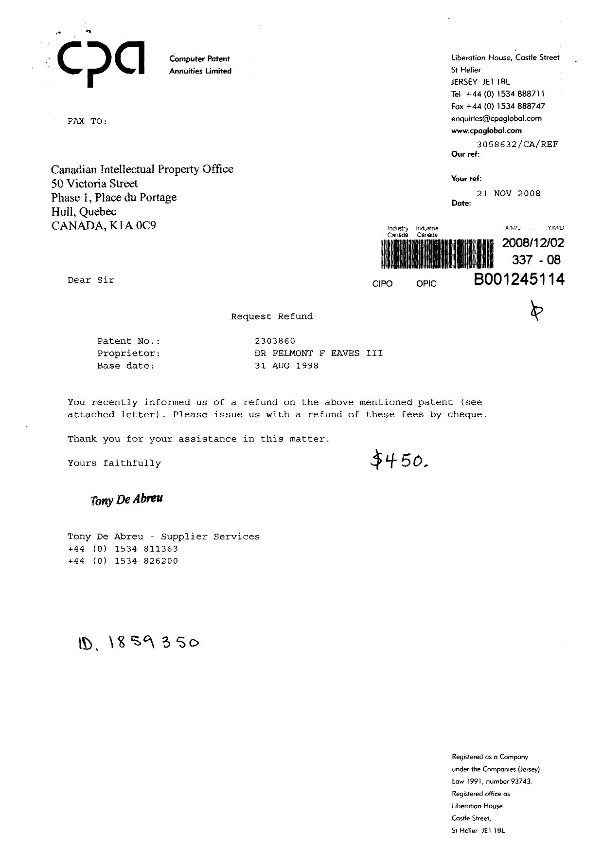 Canadian Patent Document 2303860. Correspondence 20081202. Image 1 of 2
