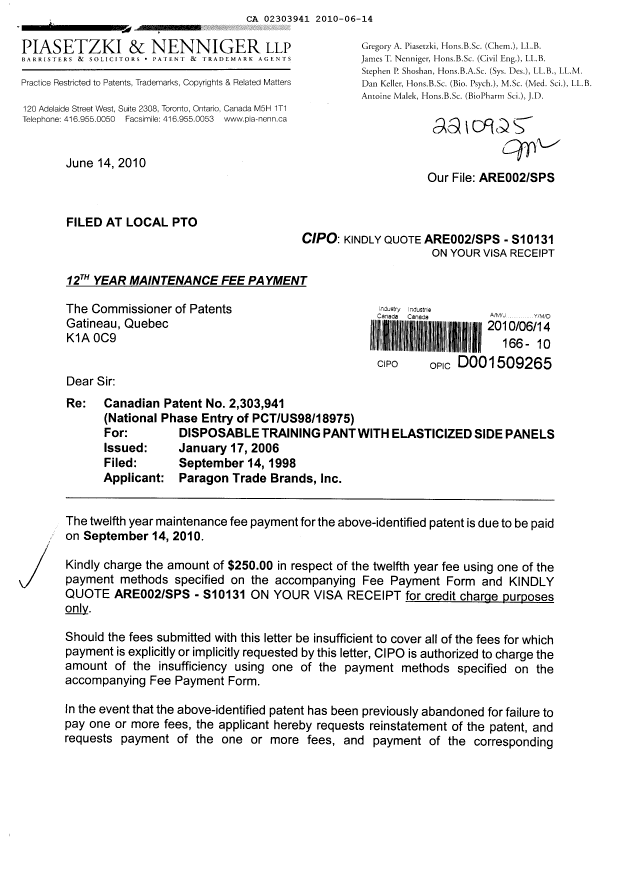 Document de brevet canadien 2303941. Taxes 20100614. Image 1 de 2