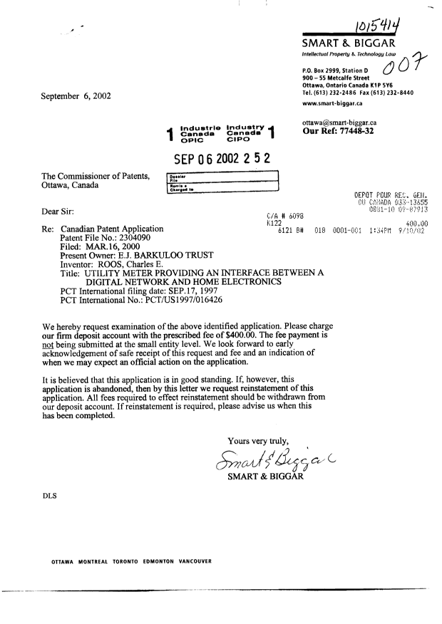 Document de brevet canadien 2304090. Poursuite-Amendment 20020906. Image 1 de 1