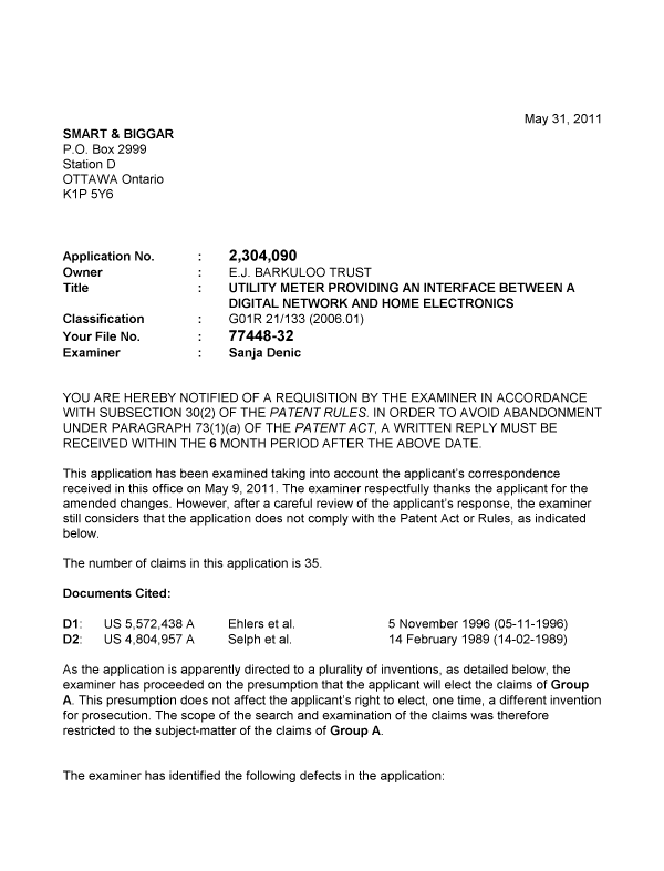 Canadian Patent Document 2304090. Prosecution-Amendment 20110531. Image 1 of 4