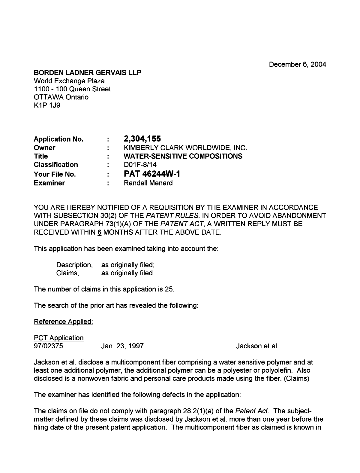 Canadian Patent Document 2304155. Prosecution-Amendment 20041206. Image 1 of 2