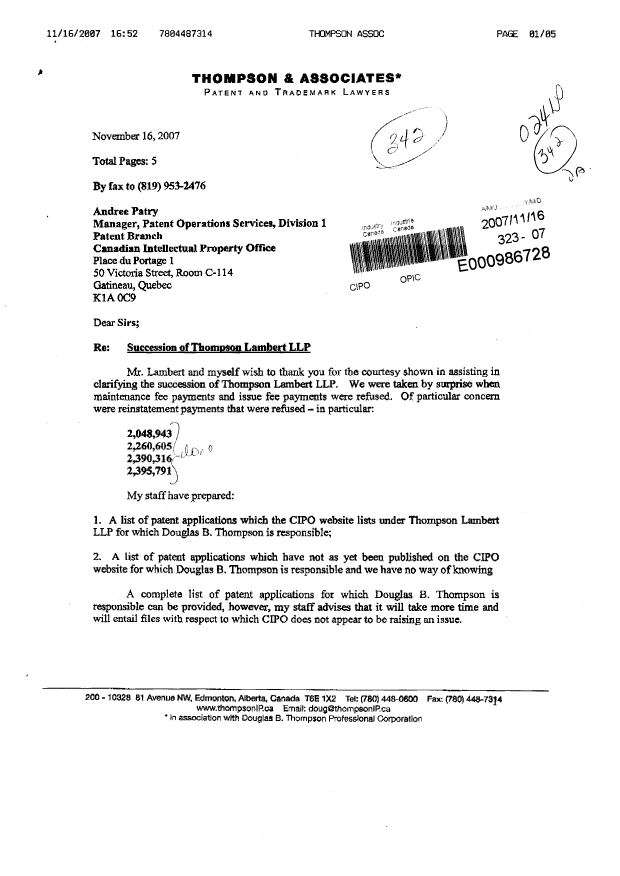Document de brevet canadien 2304290. Correspondance 20071116. Image 1 de 5