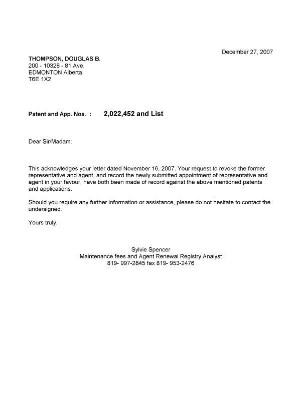 Document de brevet canadien 2304290. Correspondance 20071227. Image 1 de 1