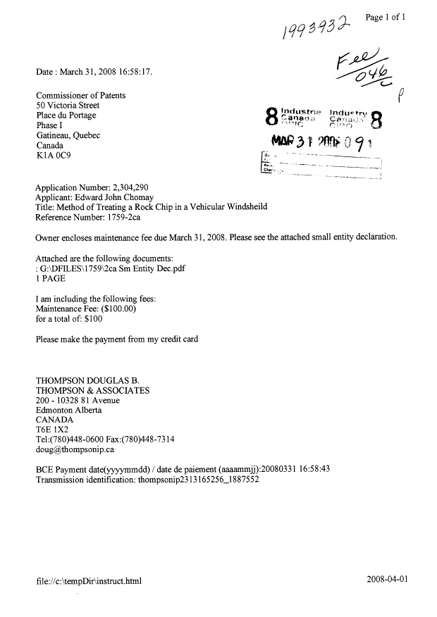 Canadian Patent Document 2304290. Correspondence 20080331. Image 1 of 2