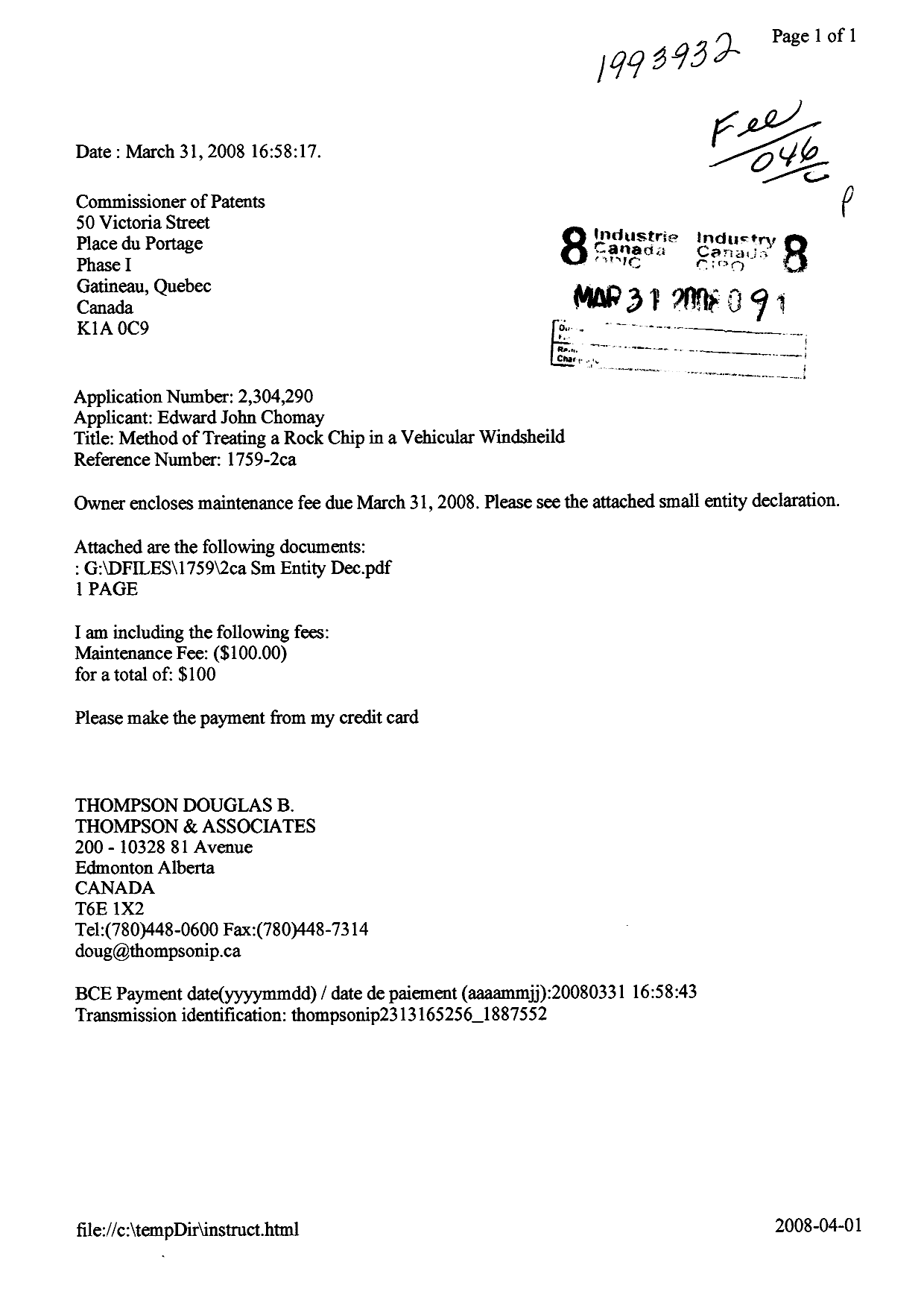 Canadian Patent Document 2304290. Correspondence 20080331. Image 1 of 2