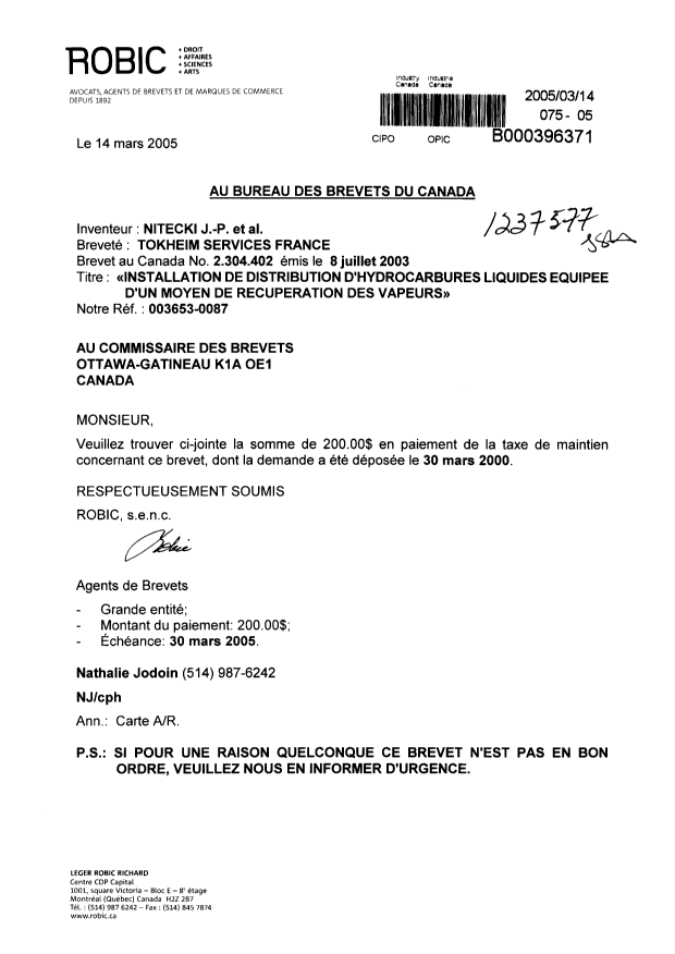 Document de brevet canadien 2304402. Taxes 20050314. Image 1 de 1