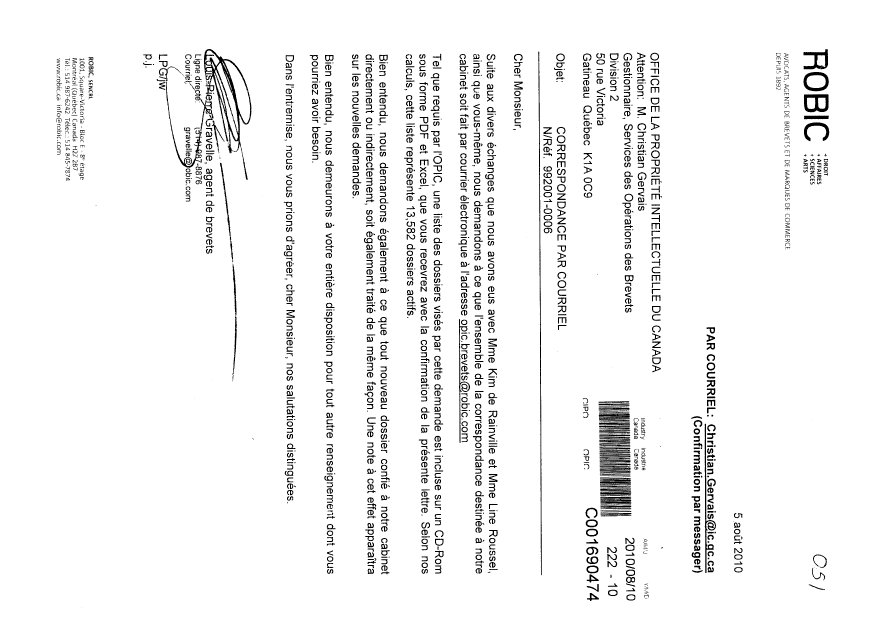 Canadian Patent Document 2304402. Correspondence 20100810. Image 1 of 1