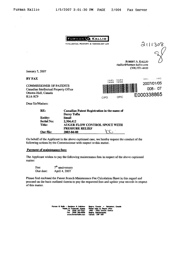 Canadian Patent Document 2304412. Fees 20070105. Image 1 of 4
