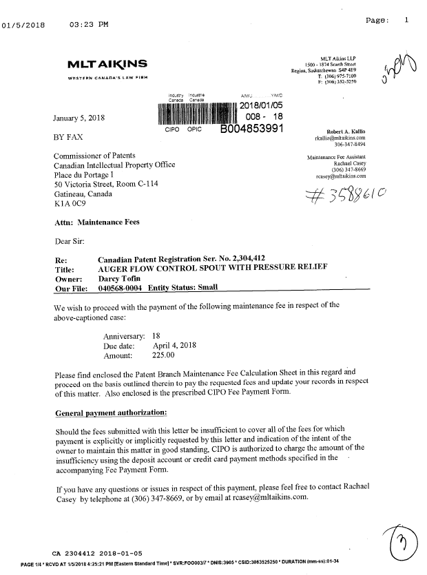 Canadian Patent Document 2304412. Maintenance Fee Payment 20180105. Image 1 of 3