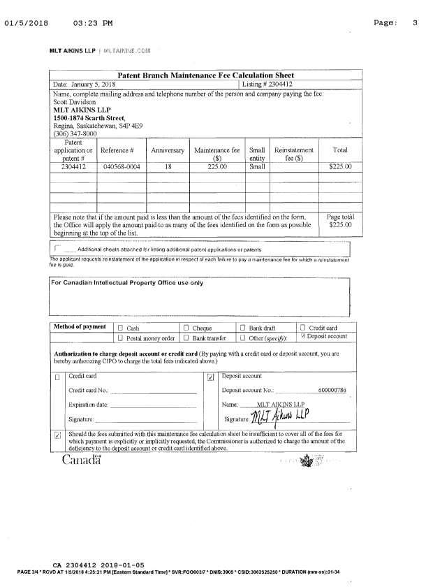 Canadian Patent Document 2304412. Maintenance Fee Payment 20180105. Image 3 of 3