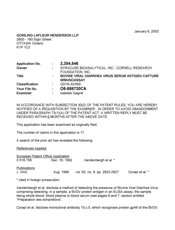 Canadian Patent Document 2304546. Prosecution-Amendment 20030106. Image 1 of 3