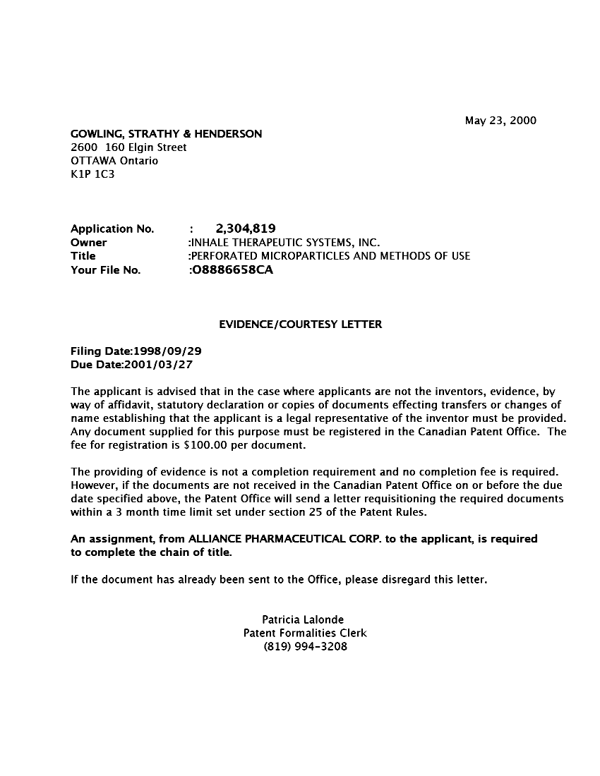 Canadian Patent Document 2304819. Correspondence 19991217. Image 1 of 1