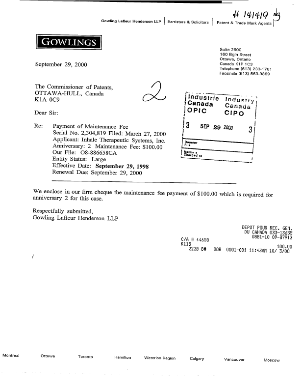 Document de brevet canadien 2304819. Taxes 19991229. Image 1 de 1