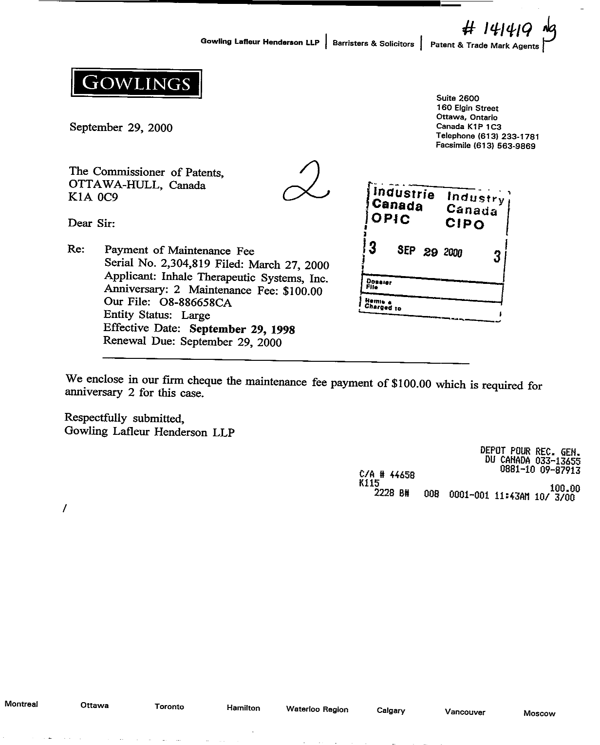 Canadian Patent Document 2304819. Fees 19991229. Image 1 of 1