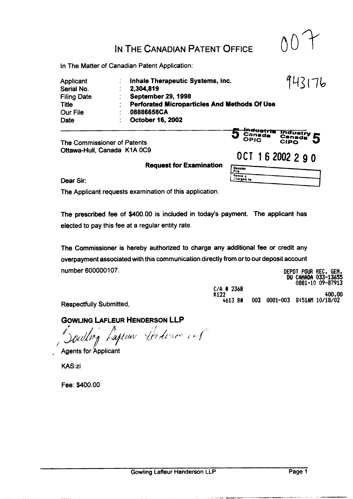 Canadian Patent Document 2304819. Prosecution-Amendment 20011216. Image 1 of 1
