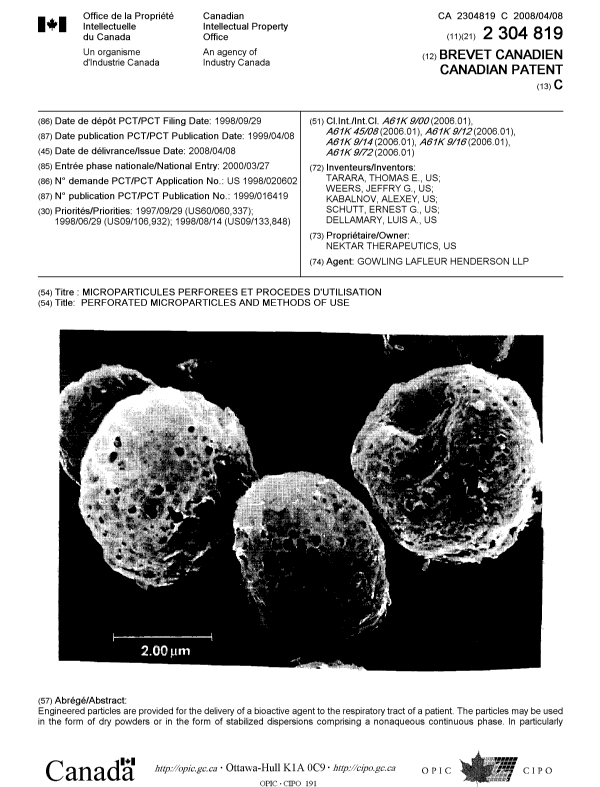 Document de brevet canadien 2304819. Page couverture 20080306. Image 1 de 2