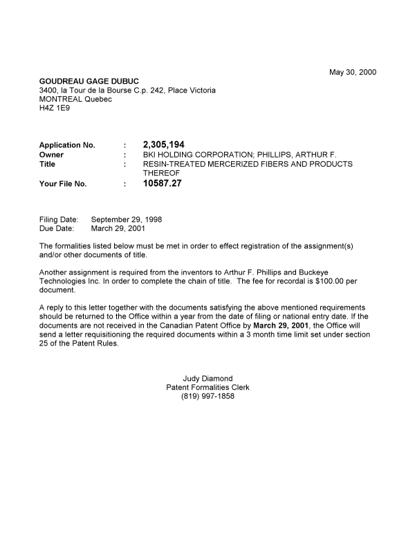Document de brevet canadien 2305194. Correspondance 20000526. Image 1 de 1