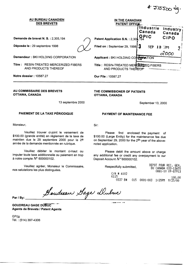 Document de brevet canadien 2305194. Taxes 20000913. Image 1 de 1