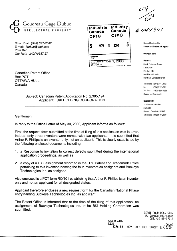 Document de brevet canadien 2305194. Cession 20001101. Image 1 de 11